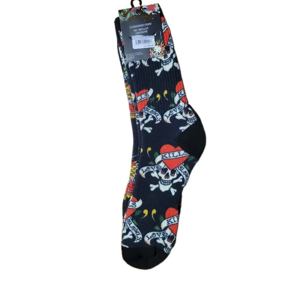 Ed Hardy 3pack Men's Cushioned Crew Socks skulls Tigers flames size 6-12 NEW